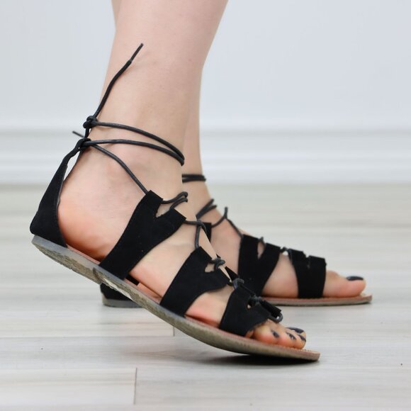 Black Faux Suede Strappy Open Toe Flat Sandals Gladiator - Picture 6 of 11